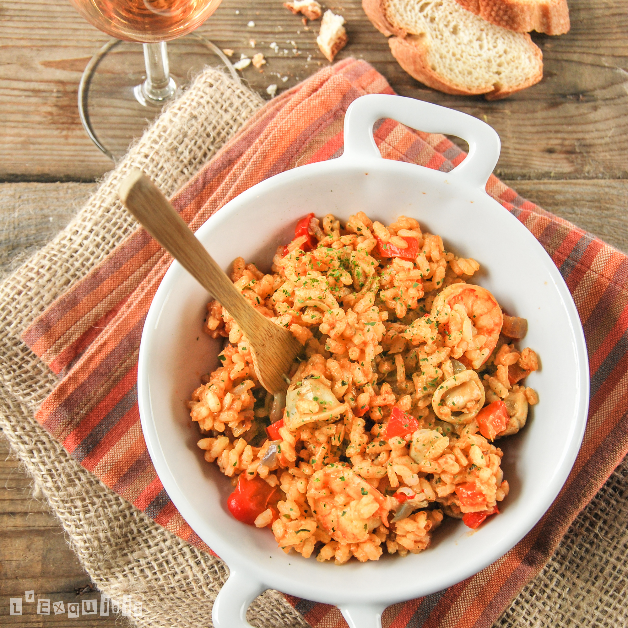 Arroz con verduritas, gambas y calamares